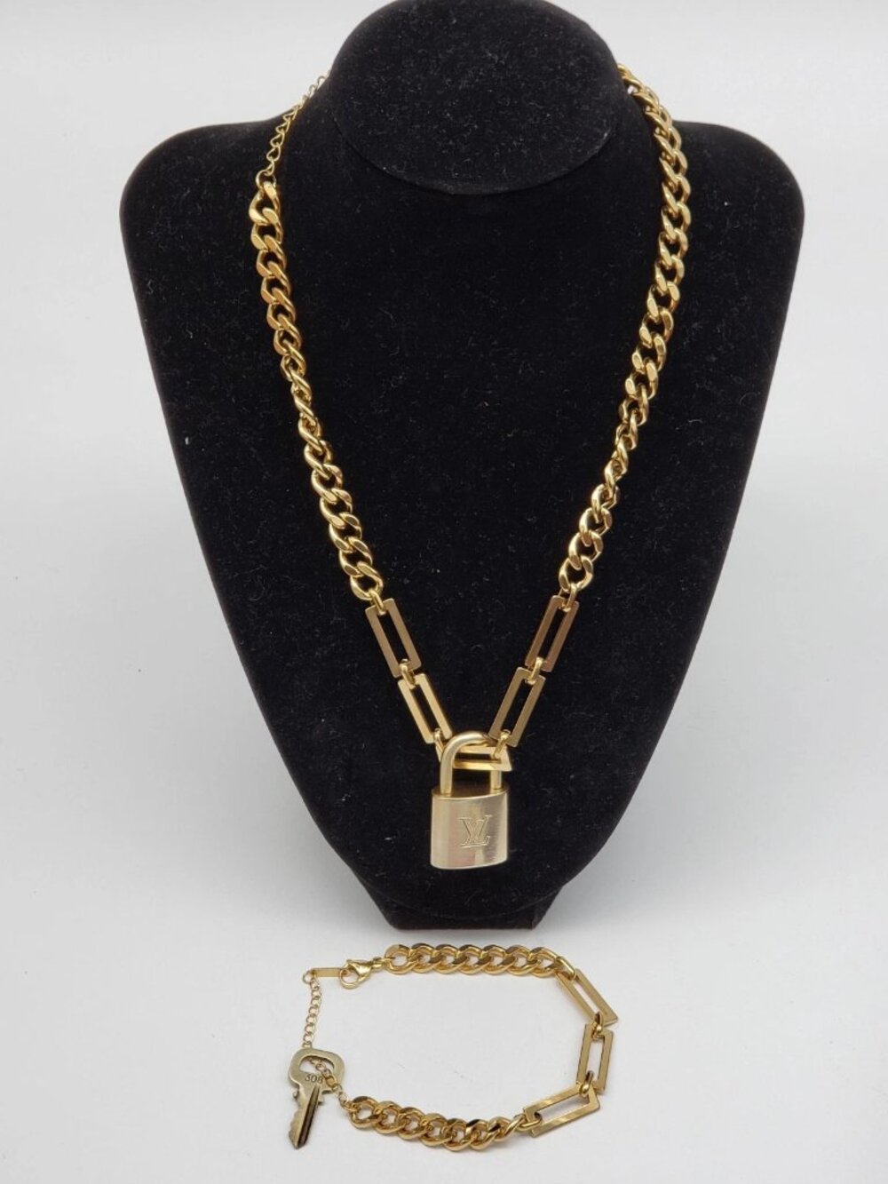 Authentic Louis Vuitton Gold Padlock W/ Unbranded Stainless Steel Chain&Bracelet